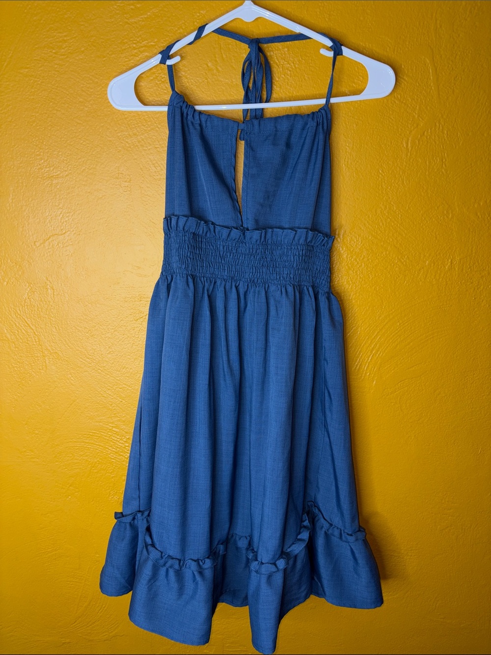 Source Unknown Blue Halter Smocked Waist Tie Halter Dress Medium Like New Worn 1